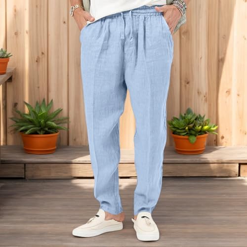 Men's Cotton Linen Pants Casual Drawstring Lightweight Pant Summer Beach Yoga Trousers
