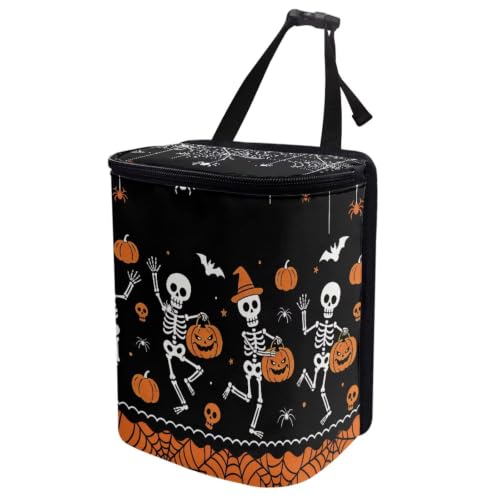 Image of Talayituse Skeleton Pumpkin Bat Print Car Trash Can Portable Auto Garbage Bin Multifunctional Vehicle Interior Accessories with Adjustable Straps Universal Fit Truck SUV Sedan Halloween Decor