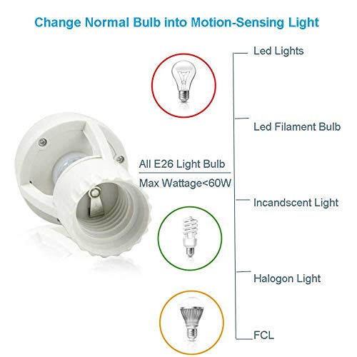Motion Activated Light Socket, (2 Pack) Motion Sensor Light Bulbs, E26 Motion Activated Dusk to Dawn Security Light Bulb Socket Indoor for Front Door Porch Garage Basement Hallway Closet