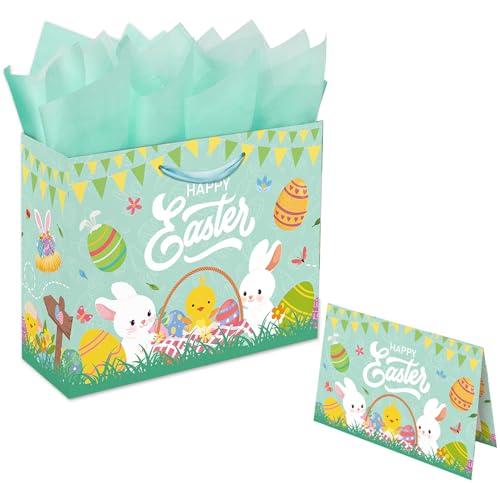 ECLAVIOS 13' Large Easter Gift Bag with Handle and Tissue Paper, Bunny & Egg Easter Baskets Bag for Kids(blue)