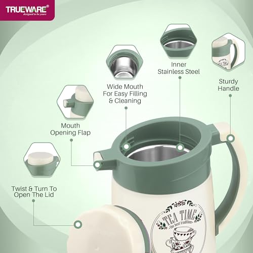 Image of Trueware Aqua Jug Insulated Flask -1000 Ml | Insulated Tea Pot Kettle Inner Steel Outer Plastic | Hot & Cold | Food Grade Plastic | Lightweight BPA-Free | Wide Mouth Design | Ideal for Office, Travel