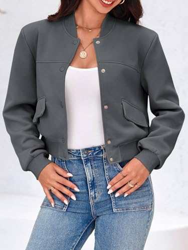 Image of Tankaneo Womens Cropped Bomber Jackets Casual Button Down Long Sleeve Stand Collar Varsity Shacket Coats