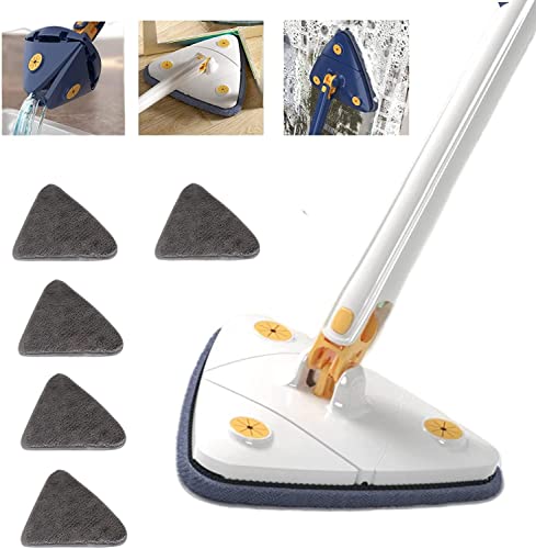 Balai de Nettoyage Triangulaire Rotatif à 360 degrés, réglable, Outil de Nettoyage Multifonction, serpillière à Presser Automatique (Balai Bleu + 5 Chiffons de serpillière) (Bleu)