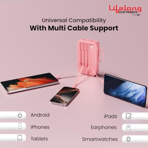 Image of Lifelong Electronics 20000mAh 22.5W Fast Charging Power Bank | 3 Inputs (1 Built-in USB A Cable + 1 C + 1 Lightning Port) & 6 Outputs (3 Built-in Cables + 1 C + 2 A Port) | Small Pocket Size Powerbank