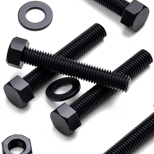 Image of 10x Black Nylon PA66 Hex Head Plastic Bolts, Nuts & Washers, M10 x 50 mm, Fastener, (25 /64 x 1 31 /32 in)