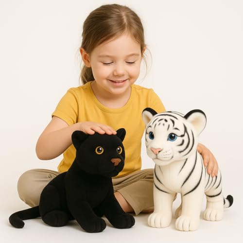 Image of Black Panther & White Tiger Plush Toys Combo | Soft Stuffed Animal Set for Kids | Cute Jungle Animal Plushies for Boys & Girls | Gifting & Home Decor