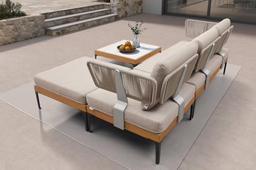 Image of PURPLE LEAF Patio Furniture Set Outdoor Sectional Sofa with Cushions and Pillows Wicker L-Shaped 4 Pieces Aluminum Conversation Sets with Ottoman for Balcony Yard Garden Poolside, Oatmeal Greige