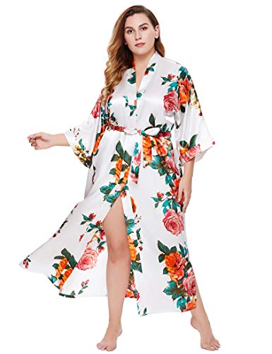 Image of BABEYOND Women's Kimono Robe Long Satin Silky Floral Lightweight Bridesmaid Wedding Bachelorette Party Robe