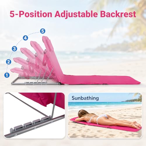 Image of GIANTEX 2 Pack Folding Beach Chairs with Side Table, Pink | Folding Lounge Chairs w /5 Position Adjustable, Patio Chaise Lounge Lightweight Backpack Camping Chairs for Outdoor Sunbathing