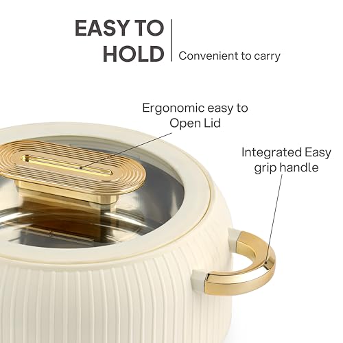 Image of CELLO Castella Deluxe Insulated Steel Casserole Case Set of 3 Pcs, Ivory (1000ml, 1500ml, 2500ml) | Airtight See Through Lid, Hot Pot Box Keeps Food Hot & Warm, Casserole Set for Roti Chapati Rice