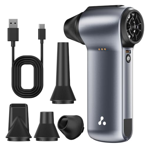 Image of Ambrane Air Blower /Duster, Powerful Airflow to Remove Dust or Dirt, 11000RPM Airflow, 190mins RunTime, Compact & Portable, 120W BLDC Motor, Adjustable Speed Modes, 4 Nozzles, Type C (AeroFlow 01,Grey)