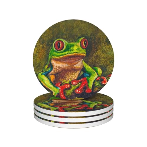 Drinks Coasters Set of 4, Tree Frog Round 4" Cup Coasters, Absorbent Ceramic Stone Coasters with Cork Base, Cute Coasters for Table Home Décor, Ideal Gifts for Women Men