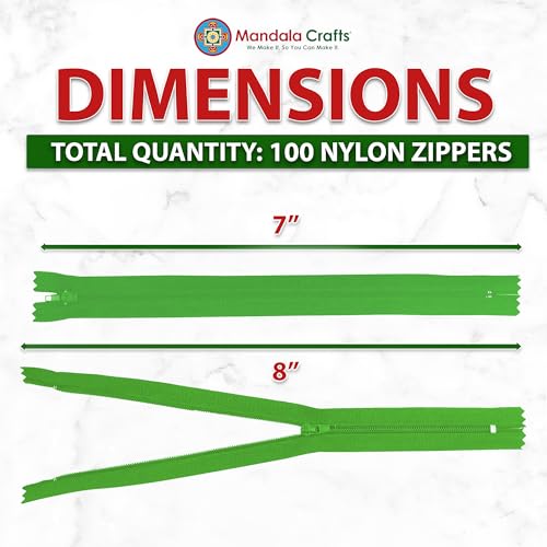 Image of Mandala Crafts 100 PCs Green Closed-End 7 Inches Nylon Zippers for Sewing