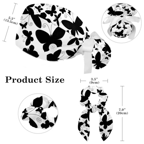 Image of Colored Butterflies Scrub Caps Women Ponytail, Adjustable Bouffant Surgical Caps with Button, Nurse Hats Long Hair