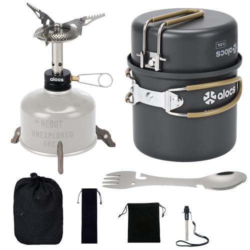 Alocs 9pcs Camping Cookware Kit, Non-Stick Lightweight Camping Pots with 3200w Stove, Igniter & Gas...
