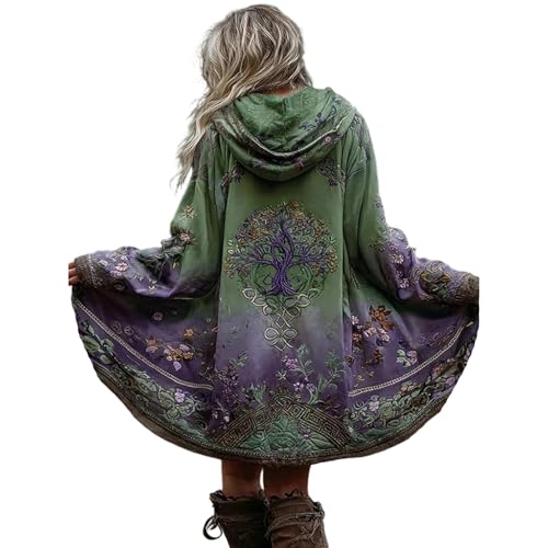 TIAFORD Women’s Green Purple Tree of Life Hooded Cloak Long Sleeve Boho Printed Cardigan, Loose Fit Casual Open Front Coat