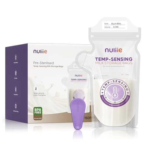 Image of Nuliie 150pcs Temp-Sensing Breastmilk Storage Bag, Huge Temp-Sensing Icon & Locking Clamp, 6oz Breast Milk Storage Bags Freezer Pour Spout, Self Standing Milk Storage Bags Breastmilk, BPA-Free No-Leak