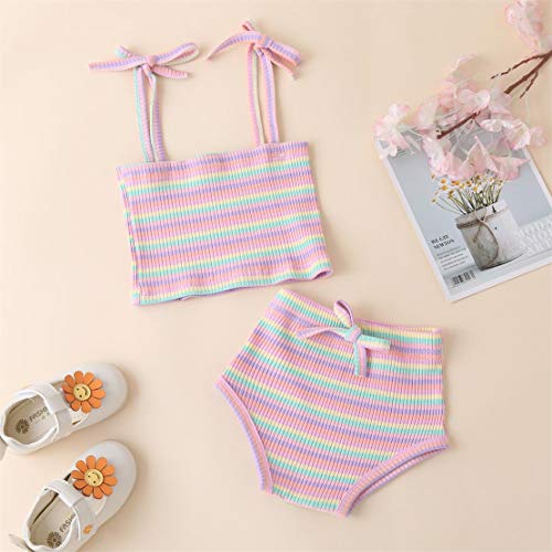 Modntoga Newborn Toddler Baby Girls Summer Clothes Set Rainbow Outfits Sleeveless Halter Tank Top Striped Shorts Pants (Pink Purple, 12-18 Months) #TOP1