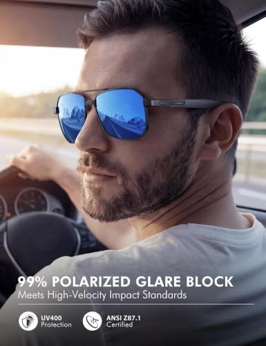 Image of Luenx Aviator Polarized Sunglasses for Men: Square UV400 Driving | Big Head Fit,Adjustable Nose Pads,Lightweight,Anti-slip,Impact-resistant,Scratch-Resistant,Glare Reduction,Gift-Ready Set