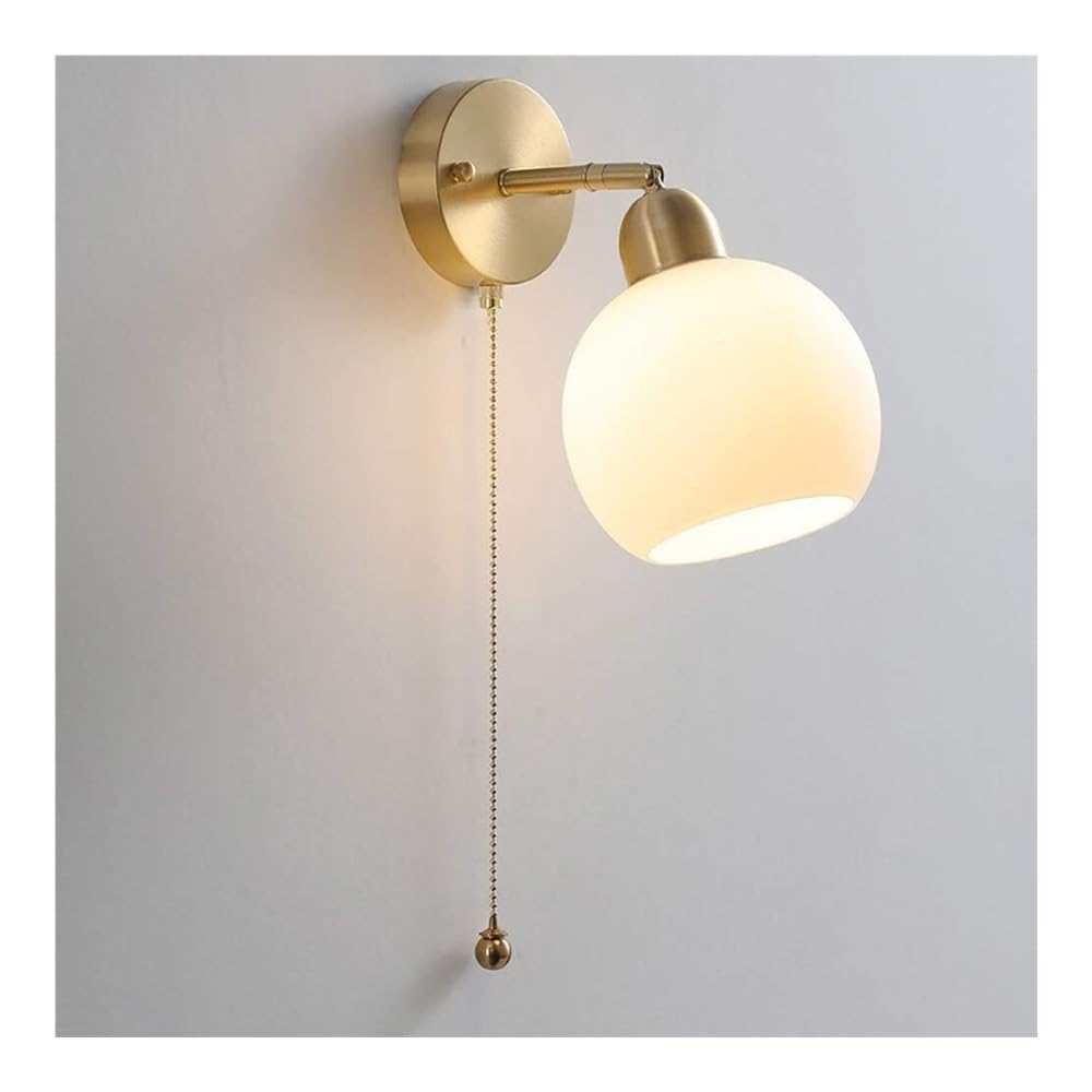 HPTHLY Vintage Glass Bedside Reading Wall Sconce Japanese Retro Aisle Stairs Brass Wall Lamp Nordic Hallway Wall Light With Pull Cswitch For Living Room Vani