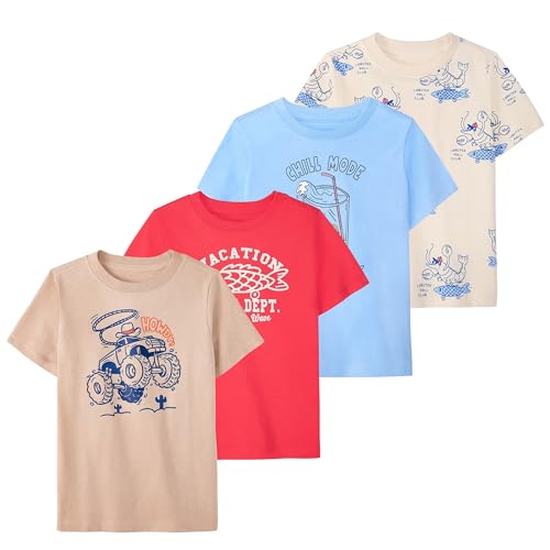 Garanimals Toddler Boy Beach T-Shirt - Short Sleeve Tees - Kids Casual Crew Neck - Size 4T - Beige Blue Bright Red Beige - 4 Pack