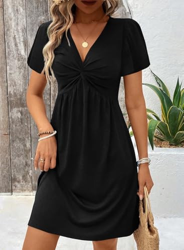 Acelitt Womens Casual Summer Twist Front V Neck Short Sleeve Mini Dress, S-XXL2