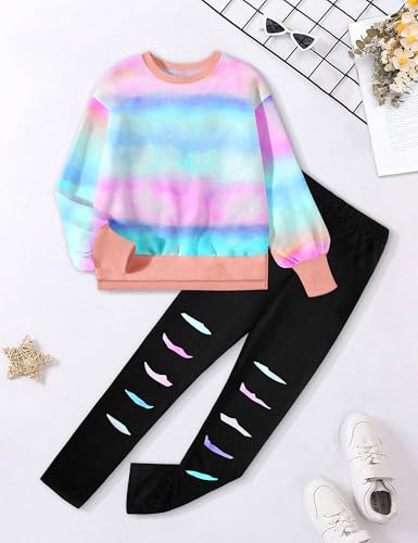 Image of Girls Clothes, Girls Outfits Tie Dye Sweatshirt Tops and Leggings Sweatpants 2 Piece Fall Winter Clothes Set 6-16T