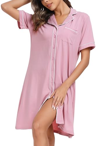 Wikoan Nachthemd Damen Sommer Schlafshirt Sleepshirt Damen Kurzarm Nachtwäsche Baumwolle mit Knopfleiste V-Ausschnitt Stillnachthemd Rosa L