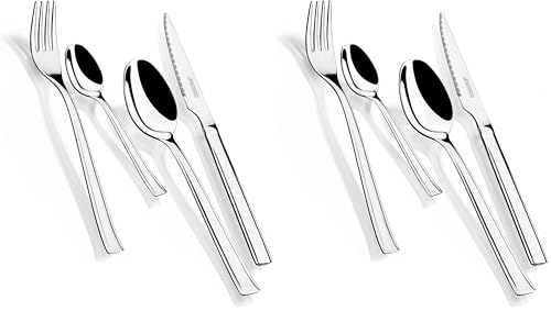 MONIX Europa | Set de cubiertos 24 piezas de acero inoxidable con cuchillo chuletero, acabado pulido con brillo (Paquete de 2)