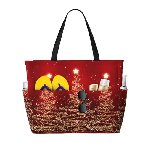 Christmas Sparkling Trees Red Large Capacity Beach Travel Bag – Lightweight Foldable Waterproof & Sandproof Tote With Multiple Pockets,Beach Vacation Essentials