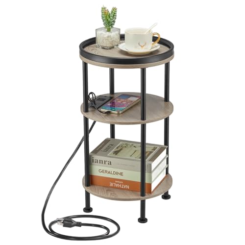 Small Round Side Table with Charging Station for Small Spaces, 3-Tier Accent Table with USB Ports & Power Outlets, Corner Tea Table Sofa Table for Living Room Nightstand Bedroom Apartment(USB,Oak)