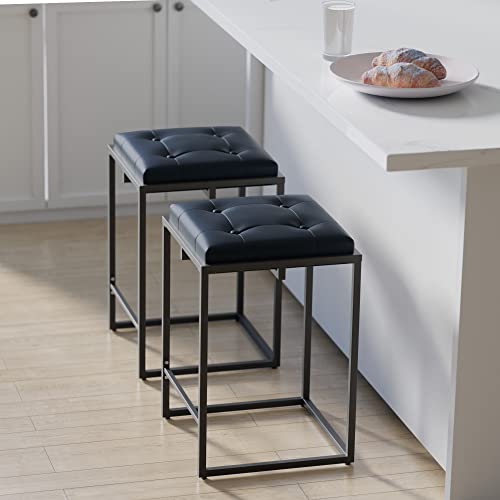 Aurorome Modern Bar Stools Set Of 2, Metal Frame Square Backless Bar Chairs With Tufted Faux Leather Upholstery, Kitchen Island Stools For Counter/Home Bar/Pub, 24 Inch, Blue #TOP3