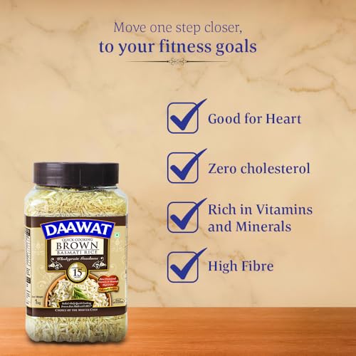 Daawat Brown, Cooks in 15-minute, Full Bran Intact, Fibre-Rich Basmati Rice Jar, 1 Kg