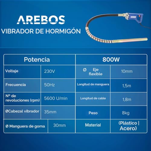Miniatura 7 de Arebos Vibrador De Hormigón Aguja Vibrante Electrica Vibrador De Construcción Eléctrico 800w Longitud De Varilla Vibratoria De 1,5m Para Concreto