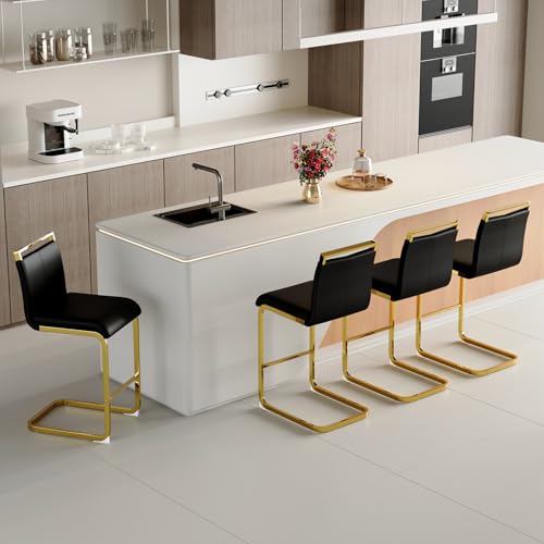 Butacos de Altura para Barra, Juego de 4 Unidades - Butacos Negros para Isla de Cocina, Asiento Tapizado en Cuero Sintético, Ideal para Pub o Cafetería miniatura 3