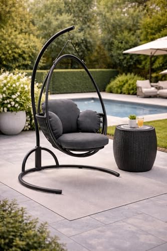 Image of Rattan Wicker Wrought Iron Single Seater Swing Chair with Powder Coated Stand & Cushion & Hook | Double Hammock Swing for Adults & Kids | Egg Chair | Black