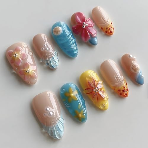 Luxury Press on Nails Medium Almond French Tip Handmade 3D Unique Reusable ABS Material Fake Nails Beach False Nails with Designs Summer Floral Art Petal Glossy Glue on Nails Thick Acrylic Nails(M)