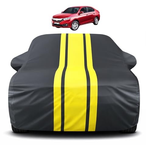 Image of Auto Hub Car Cover Compatible with Honda Amaze (Model : 2018-Till Date) with Mirror Pocket, Soft Cotton Lining, Amaze Car Cover Waterproof - Yellow-Black