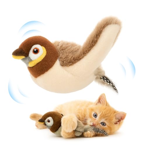 CKFPS Flapping Bird Cat Toy – White Faced Sparrow Chirping Flying Toy with Catnip, Rechargeable Interactive Cat Toy for Indoor Cats