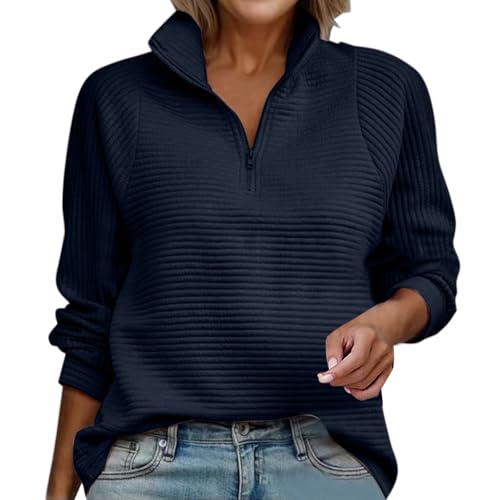 Jumper, Quarter Zip Pullover Women Quilted Sweatshirts Lightweight Fashion Stripled Textured Hoodies Fall Long Sleeve Dressy Casual Polo Shirts Ladied Jumpers Navy S