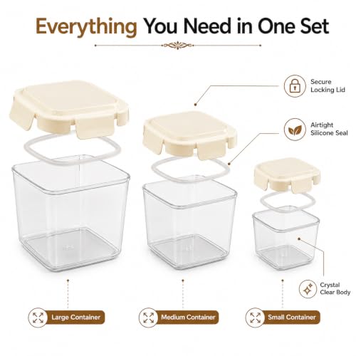 Image of Vasukie 3-small Piece Airtight Plastic Food Storage Containers - Square Nesting Meal Prep Containers with Airtight Locking Lids - Clear BPA-Free Kitchen & Pantry Storage Box Set