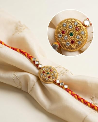 Image of 1 Pcs Elegant Handmade Lakh Rakhi for Bhaiya with Roli Chawal Traditional Floral Wristband Ethnic Rakshabandhan Thread for Bhaiya, Festive Bracelet Gift Set