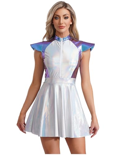 Yruioon Disfraz de extranjero para mujer, vestido metálico brillante con falda tutú, espacio espacial, disfraz de astronauta, Halloween, carnaval, vestido de fiesta, azul, M