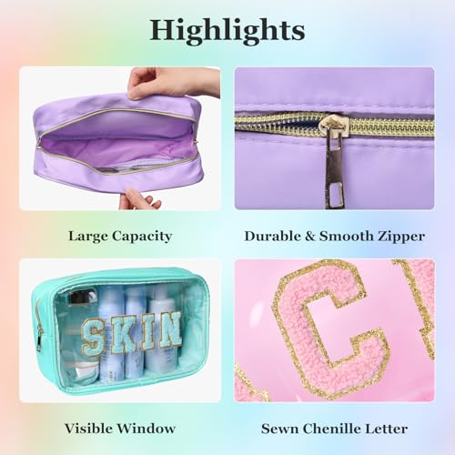 4Pcs Storage Bag for Skin Face Hair Stuff with Chenille Letter,Transparent PVC,Waterproof Nylon,Cosmetic Bag Makeup Pouch with Zipper(Light Green, Purple, Pink, Khaki)4