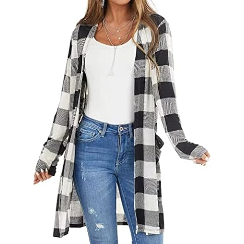 Lacozy Women Open Front Plaid Print Knit Cardigan Colorblock Sweaters Buffalo Plaid Shirts Tunics Tops Black White M Cover