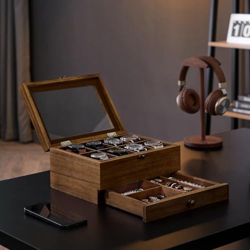 SONGMICS Watch Box with 8 Compartments Solid Wood Watch Box with Glass Lid for Rings Bracelets Necklaces Black JOW008B01