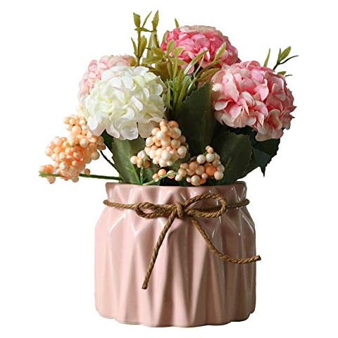 Ceramic Vase with Flowers, Geometric Matt Vase | Artificial Silk Flowers Bouquets Rose Flowers Decoration Vase Ideal for Living Room or Kitchen, Table Decoration or as an Ornament, Blue/Pink (Pink) Cover