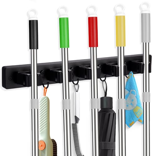 FunCee Broom Holder Wall Mount With 5 Slots & 4 Hooks，Rustic Wood Broom & Mop Hanger，Wall Mounted Garden & Garage Tool Storage Organizer Rack for Closet Laundry Room or Kitchen Wall Decor Black