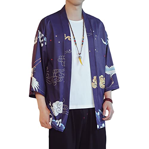 Image of PRIJOUHE Men's Lightweight Kimono Jacket Seven Sleeve Open Front Cardigan Coat Japanese Style Bathrobe