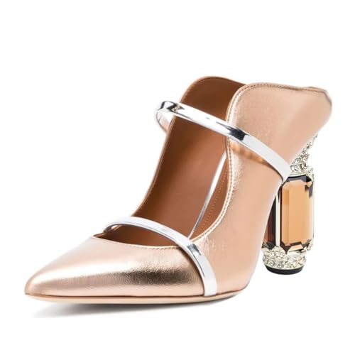 FSJ Women Pointed Toe Mules Chunky High Heels Sandals Pumps Slip On Two Strap Chic Crystal Block Heels Backless Casual Dressy Shoes Size 4-16 US